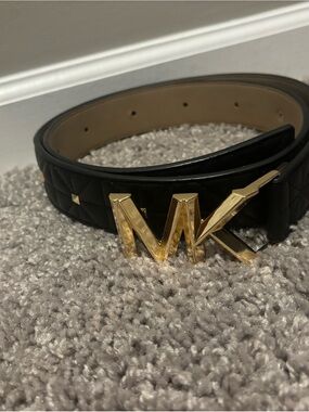 Michael Kors Black Quilted Leather Belt with Gold MK Logo Buckle (Large)
